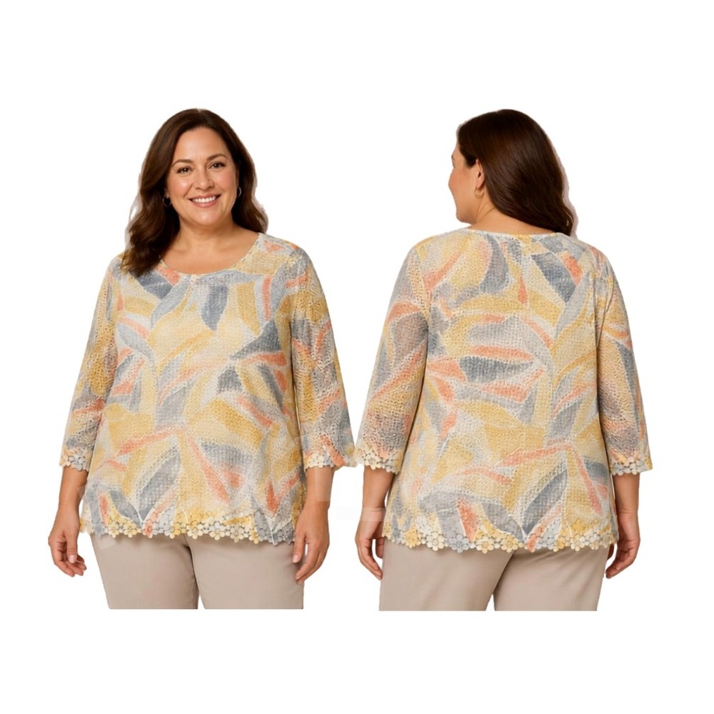 Alfred Dunner Women's  Isn't It Romantic Floral Mesh 3/4 Sleeve Top Plus Size 1X